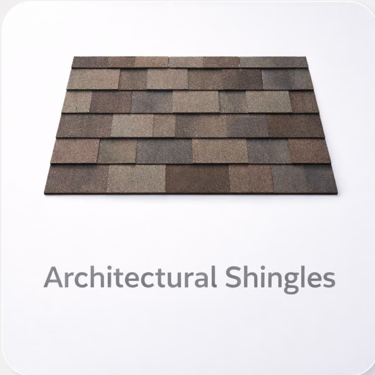 Step 2 of the Chicago roof replacement calculator. Choose between four material categories: asphalt shingles, architectural shingles, metal roofing, or flat roof membrane. Material category sets the per square foot installed cost.