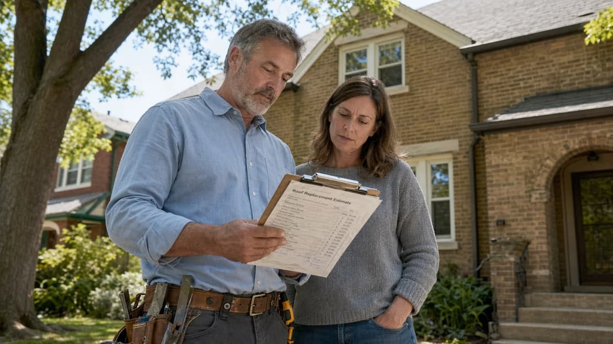 Chicago roofing contractor reviews an itemized roof replacement estimate with a homeowner in front of a brick Chicago bungalow, showing how local contractors explain the factors behind average Chicago roof replacement costs in 2026.