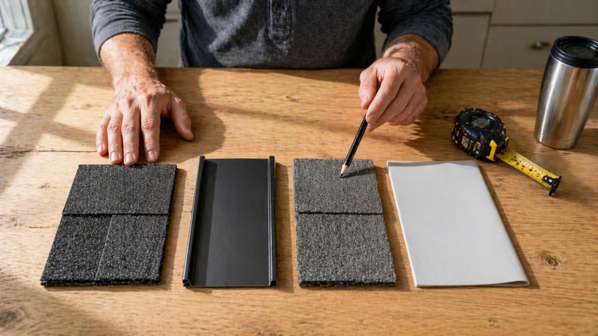 Chicago roofing contractor lays out four material samples on a workshop bench for comparison: architectural asphalt shingle, standing seam metal panel, Class 4 impact-resistant shingle, and white TPO membrane, representing the main roofing systems that survive Chicago winters, freeze-thaw cycles, and severe summer storms.