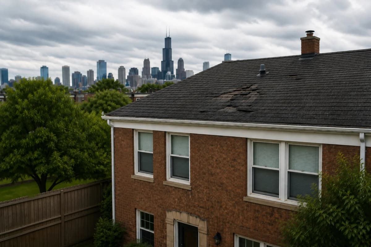Brick Chicago home with damaged asphalt shingles after a storm. Downtown Chicago skyline and overcast storm sky in the background. Visible damage near the chimney shows typical signs of storm impact covered by homeowner insurance.