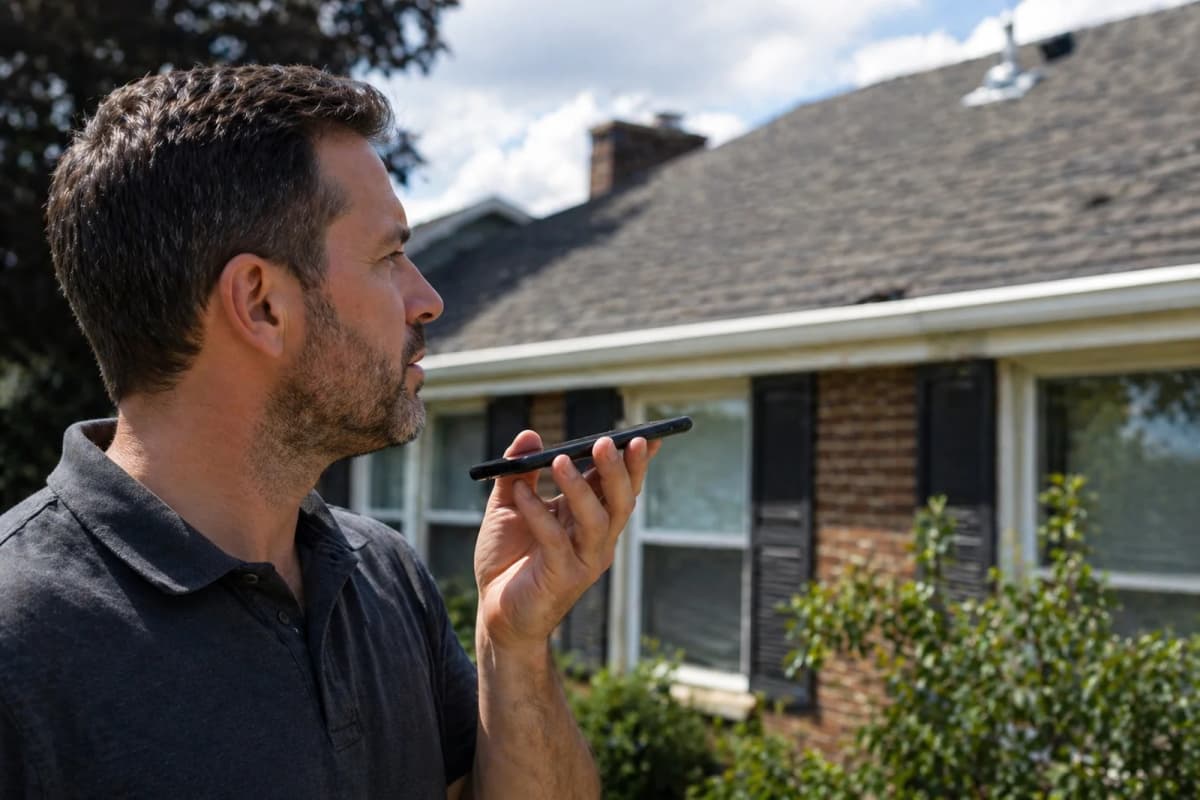 Middle-aged man on a speakerphone call in front of a Chicago single-story home with asphalt shingles and brick facade. A free no-obligation roof replacement consultation is the first step for a Chicago homeowner.