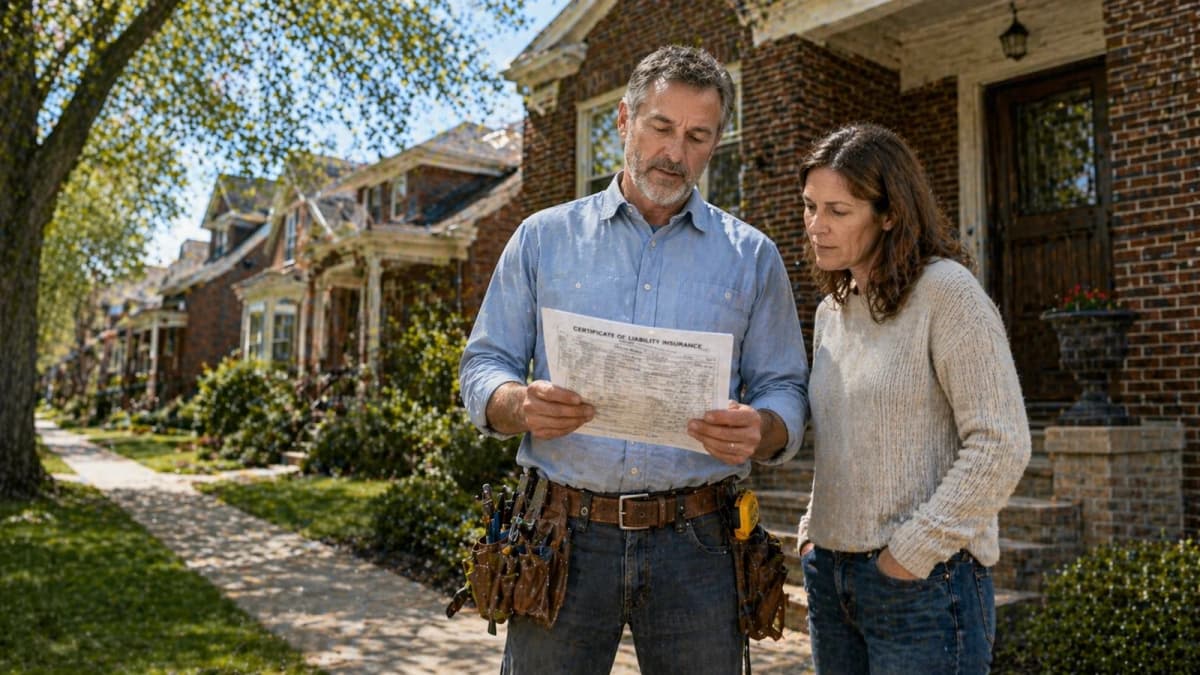 Chicago roofing contractor shows a homeowner his Certificate of Liability Insurance outside a brick Chicago bungalow, demonstrating the verification step every homeowner should complete before hiring a local roofer.