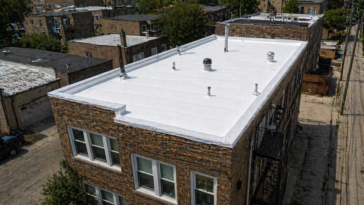 TPO flat roof replacement on a Chicago two-flat building