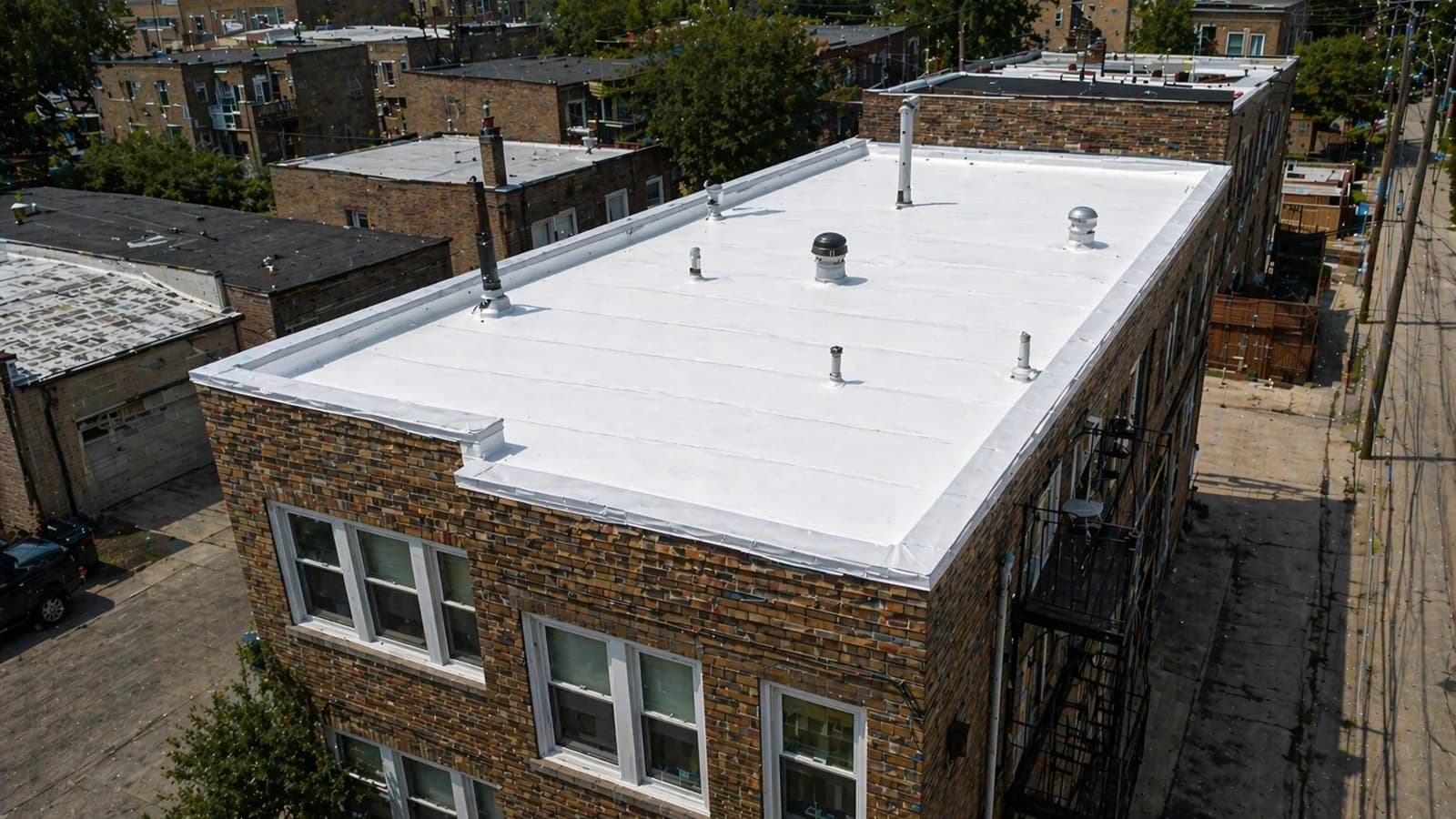 TPO flat roof replacement on a Chicago two-flat building