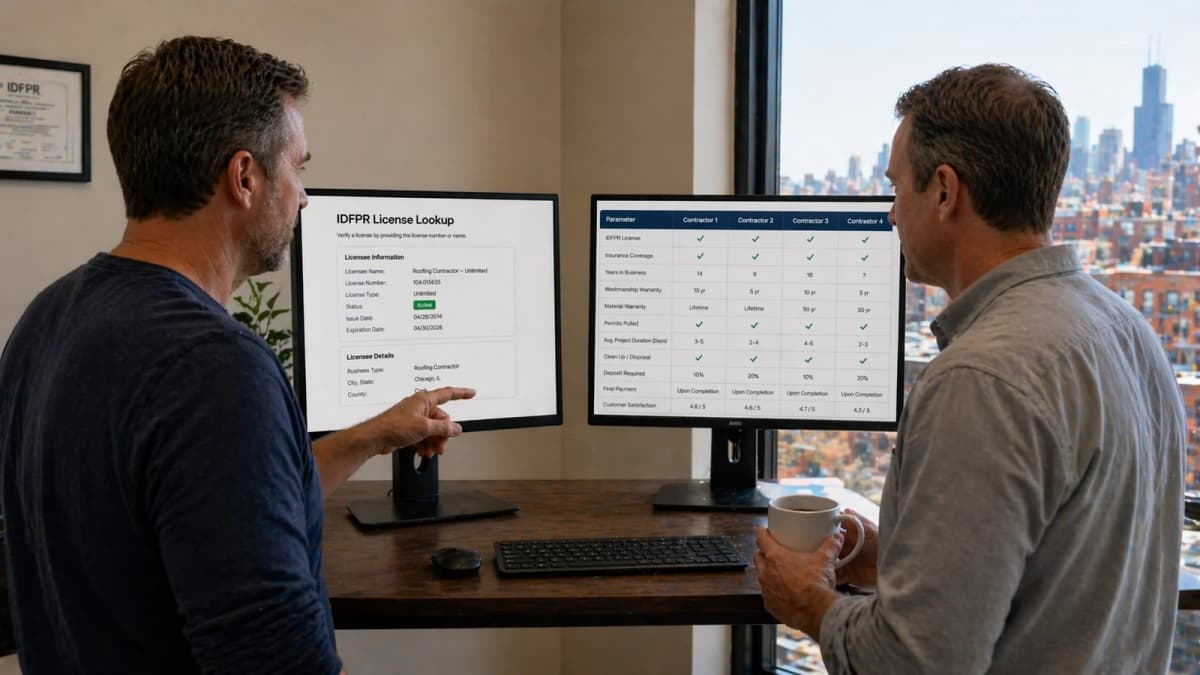 A Chicago homeowner running the pre-hire checks at the kitchen table: the Illinois IDFPR licence lookup open on a laptop confirming active licensure and expiration date, a contractor Certificate of Insurance showing General Liability and Workers Compensation, and three itemized written estimates laid out side by side for line-by-line comparison.