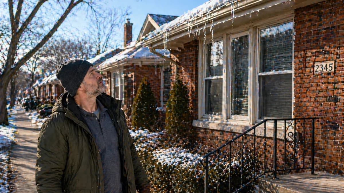 Chicago roofing contractor in a winter parka and knit beanie looks up at a row of long icicles hanging from the gutter of a brick Chicago bungalow, the classic visible sign of an ice dam formed on a poorly insulated and poorly ventilated attic during a Chicago winter freeze and thaw cycle.