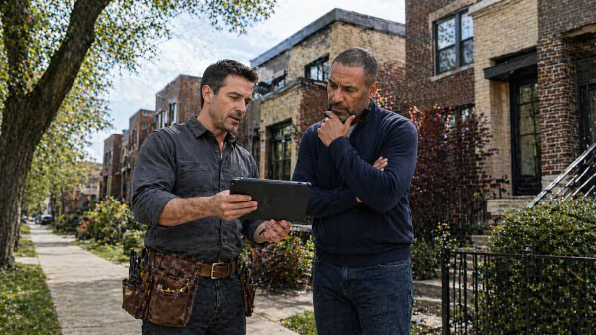 Chicago roofing contractor shows a homeowner a tablet with side-by-side inspection photos outside a brick residential building, walking him through the repair versus full replacement decision based on the actual condition of the roof.