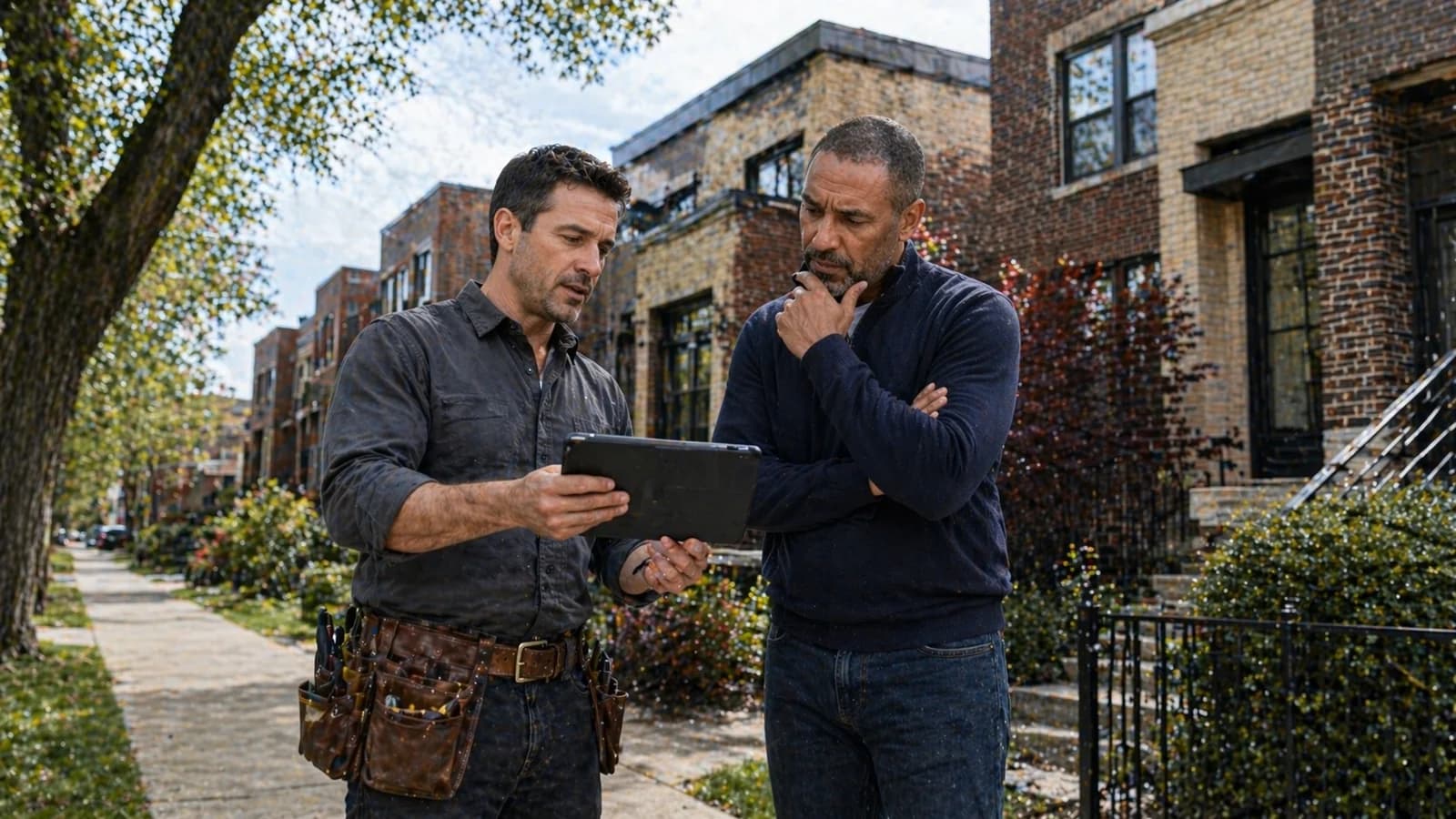 Un contratista de techado en Chicago muestra a un propietario una tableta con fotos de inspección lado a lado frente a un edificio residencial de ladrillo, explicándole la decisión entre reparación y reemplazo completo según la condición real del techo.