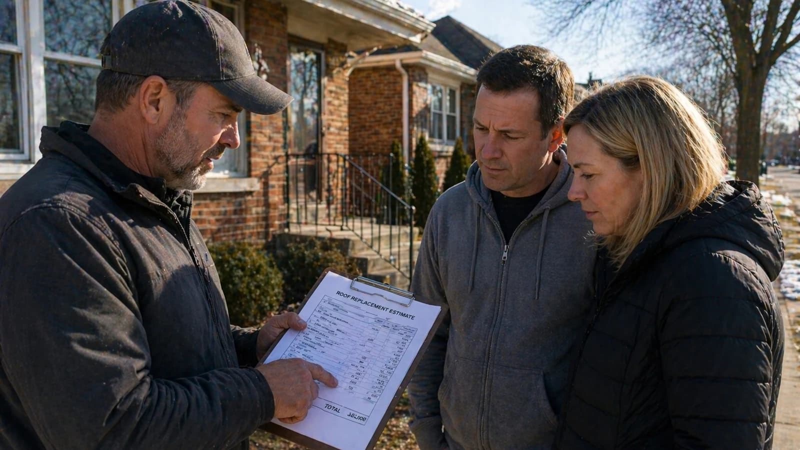 Chicago roofing contractor reviews an itemized roof replacement estimate with a homeowner couple in front of a brick Chicago bungalow in winter.