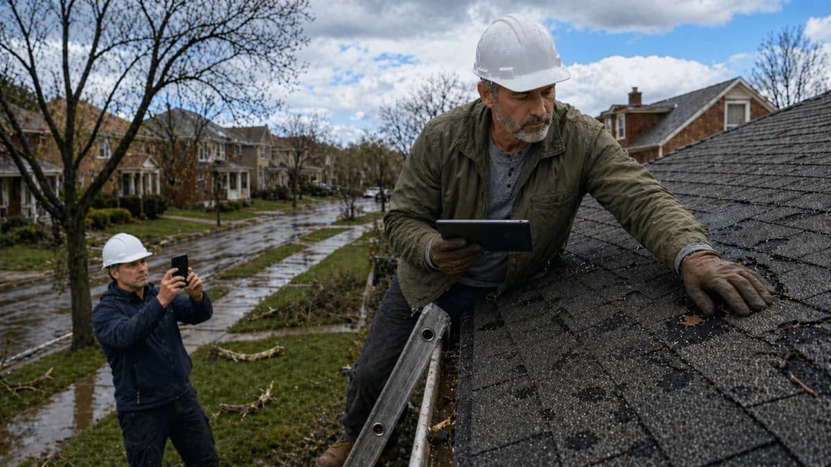 Two licensed Chicago roofing contractors in hard hats assess storm damage on a brick bungalow roof: one documents hail impact and lost granules on the shingles while his partner photographs the damage from the ground for the insurance claim file.