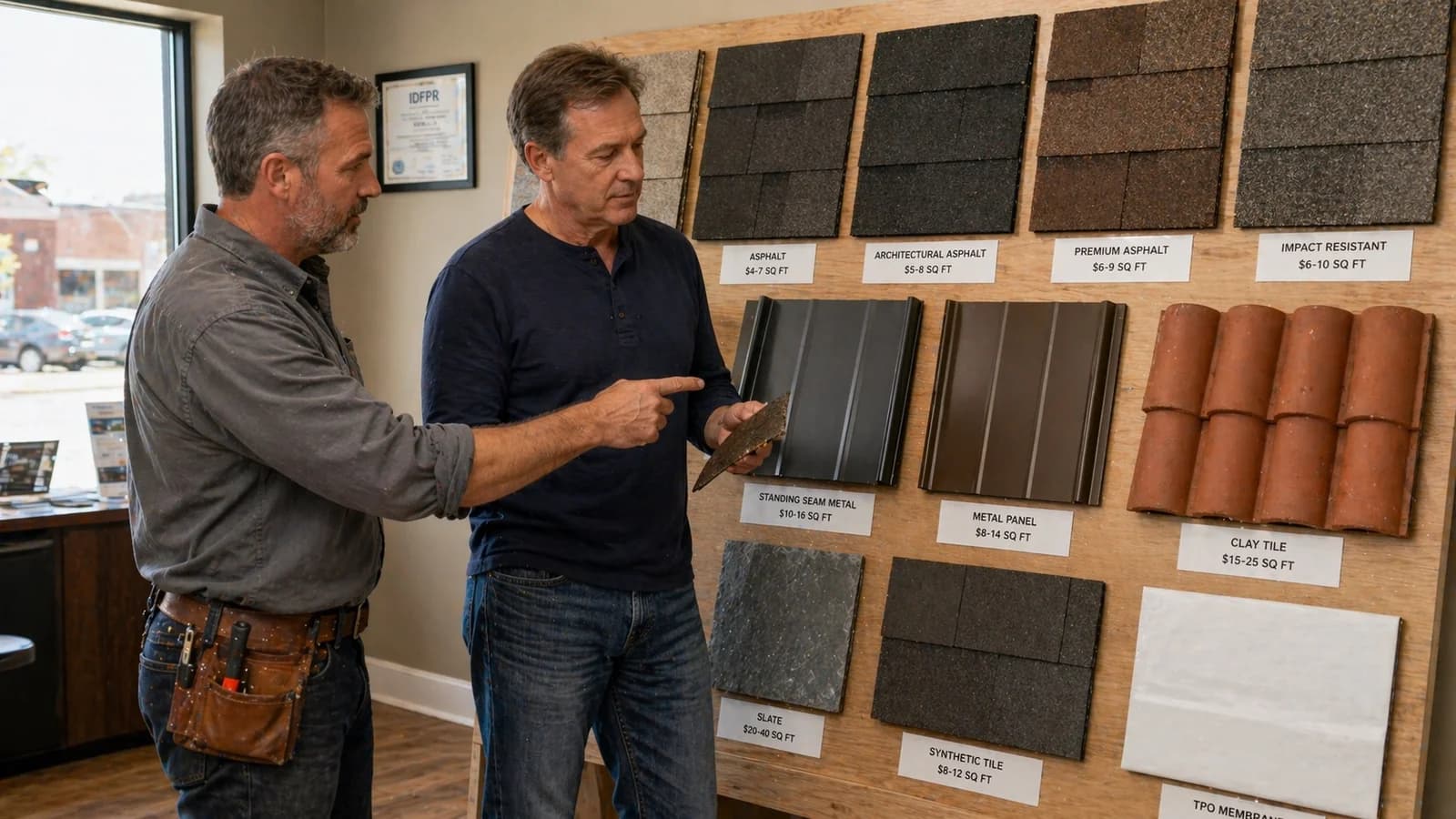 Chicago roofing contractor walks a homeowner through a full material sample board at a local showroom, comparing asphalt, architectural asphalt, premium asphalt, impact-resistant Class 4, standing seam metal, clay tile, slate, synthetic tile, and TPO membrane side by side with price ranges per square foot.