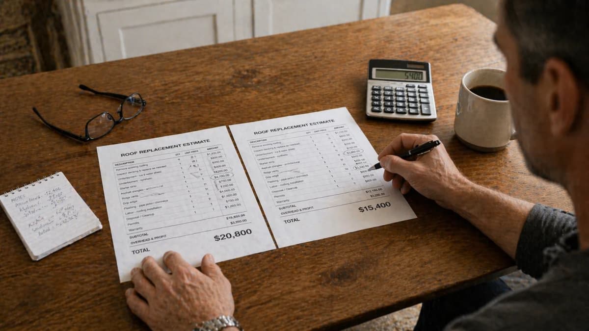 Chicago homeowner compares two written roof replacement estimates at his kitchen table, a calculator displaying the $5,400 difference between quotes, illustrating how collecting multiple line-item bids is the single most reliable way to save money on a Chicago roof replacement.