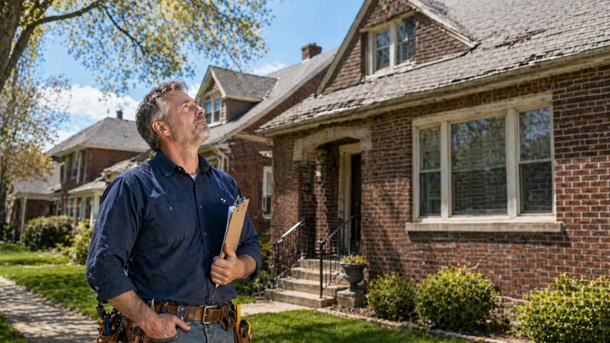 Chicago roofing contractor inspects the roof of a classic brick bungalow from the front yard, clipboard in hand, visually assessing shingle condition and the common warning signs that tell a homeowner a full roof replacement is due.
