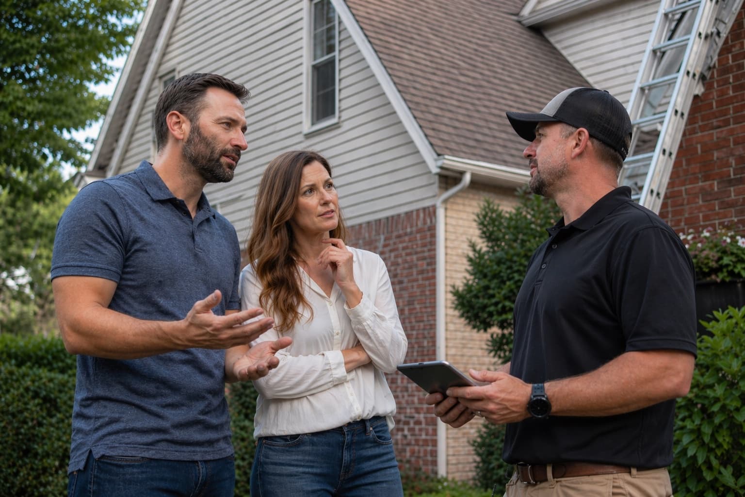 Propietarios hacen preguntas a un contratista de techos durante una inspección en el sitio